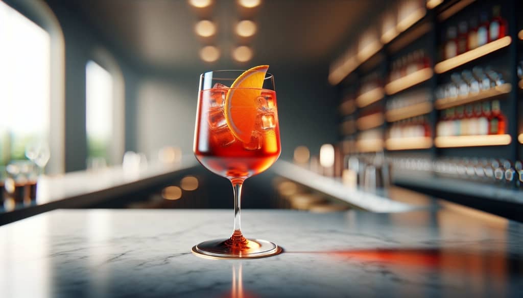 Campari soda mocktail with orange wedge in highball glass
