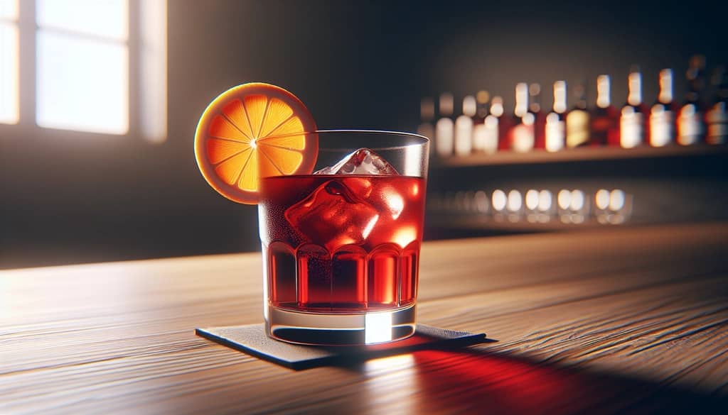 Campari with soda and citrus slice in rocks glass