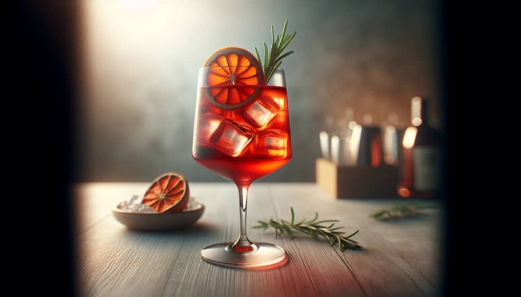 Campari spritz with dehydrated orange wheel and rosemary sprig garnish