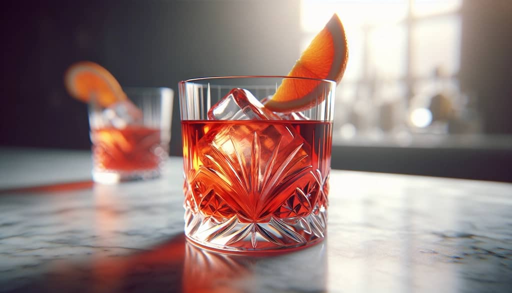 Campari Spritz in einem Vintage-Lowball-Glas mit Orangenzeste und großem klarem Eiswürfel