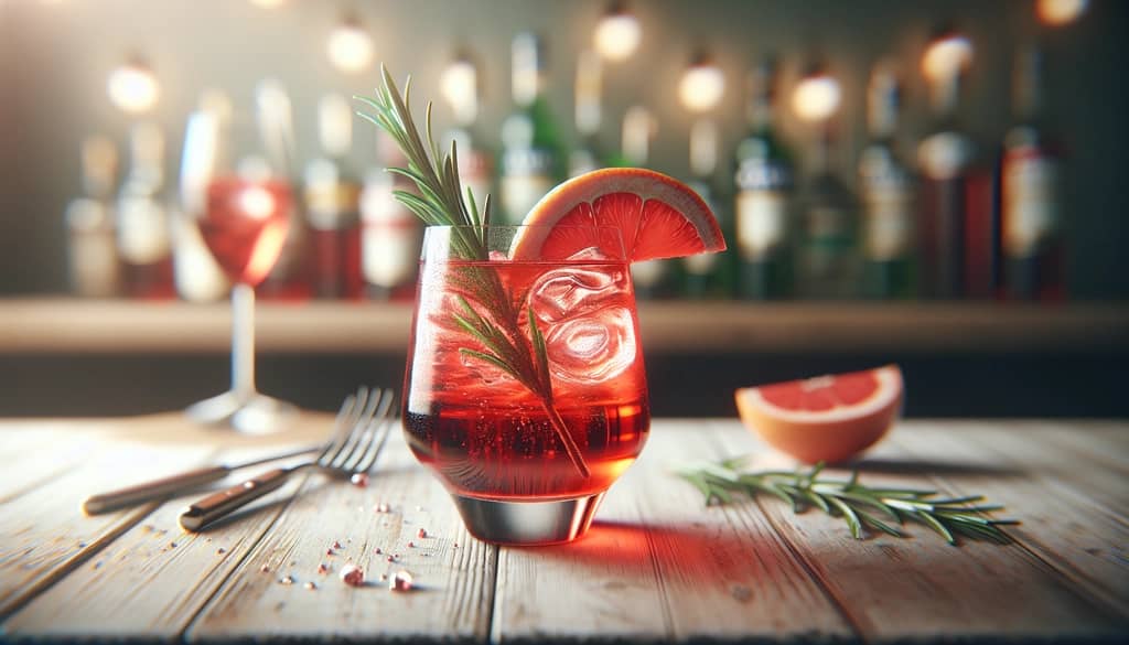 Campari spritzer with rosemary and grapefruit twist in tumbler