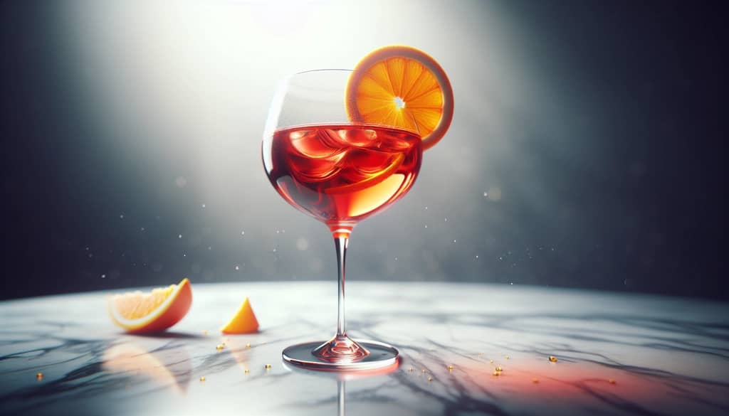 Koktail Campari spritzer dalam gelas anggur dengan hiasan jeruk