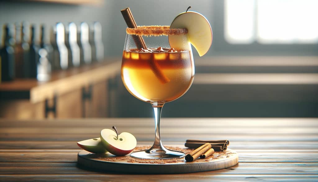 single caramel apple cider sangria with caramel rim and apple wedge garnish