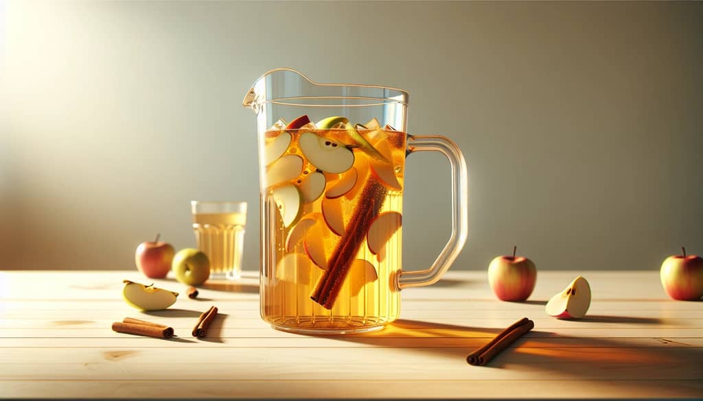 pitcher of caramel apple cider sangria with floating fruit