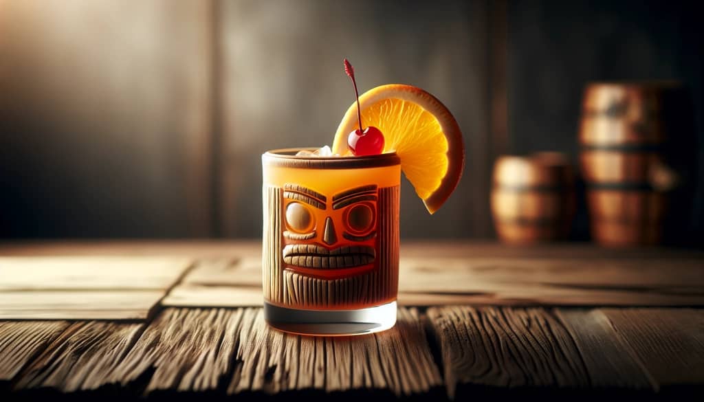 caribbean cocktail garnished with orange wheel and maraschino cherry