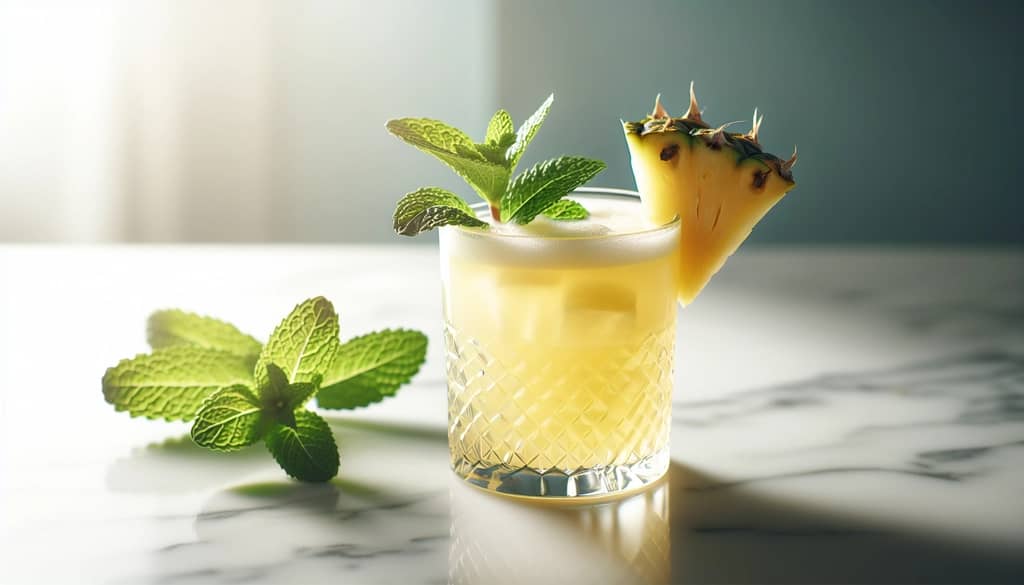 pineapple wedge and mint garnish on a caribbean cocktail