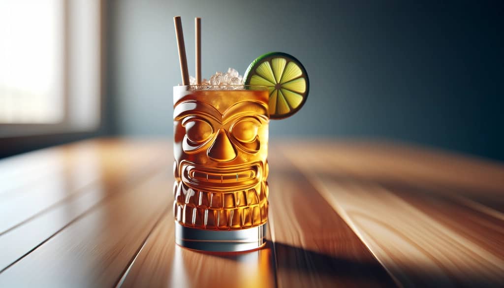 Caribbean cocktail in tiki glass with lime garnish