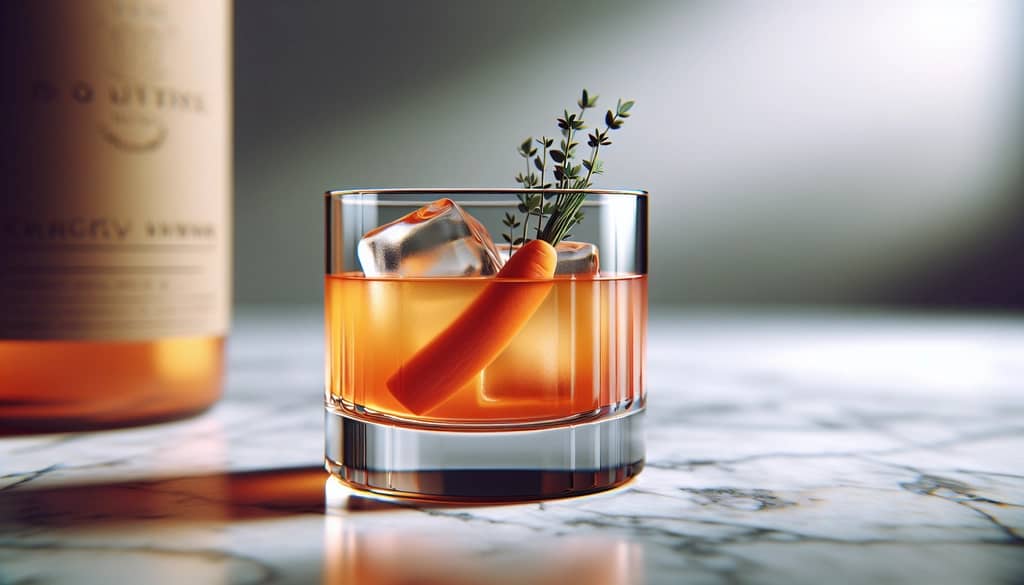 Close-up of carrot juice and whiskey in glass with herbs