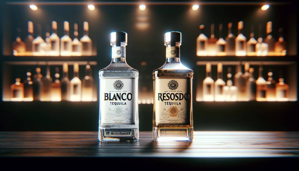 blanco and reposado tequila bottles side by side
