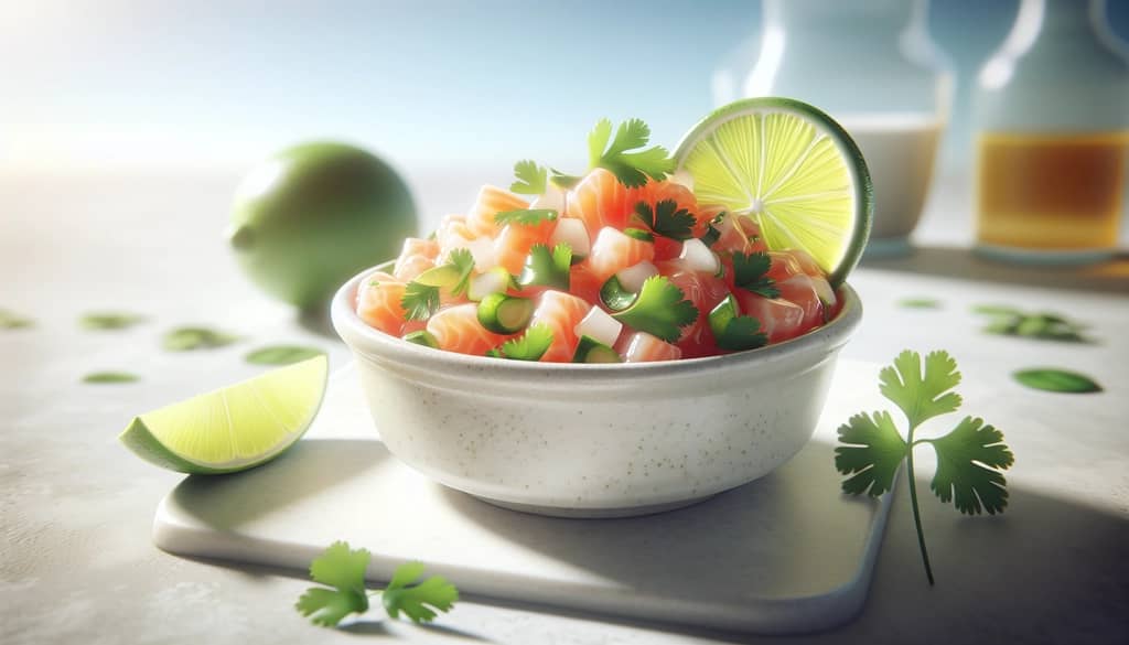 ceviche in a small bowl with lime and cilantro