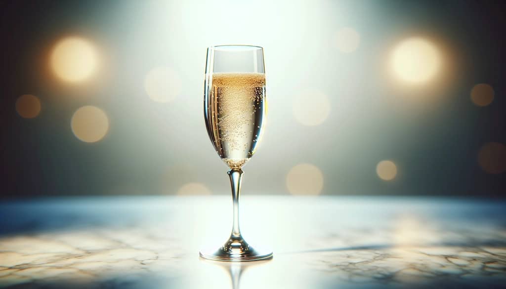 champagne flute filled with bubbly on marble bar