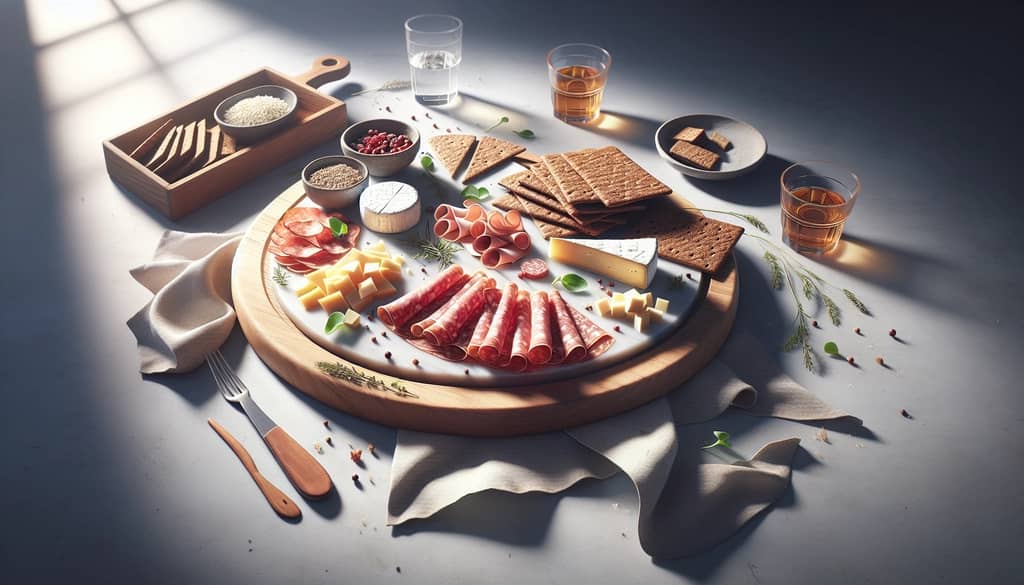 Charcuterie board with cured meats, cheese, rye crispbread