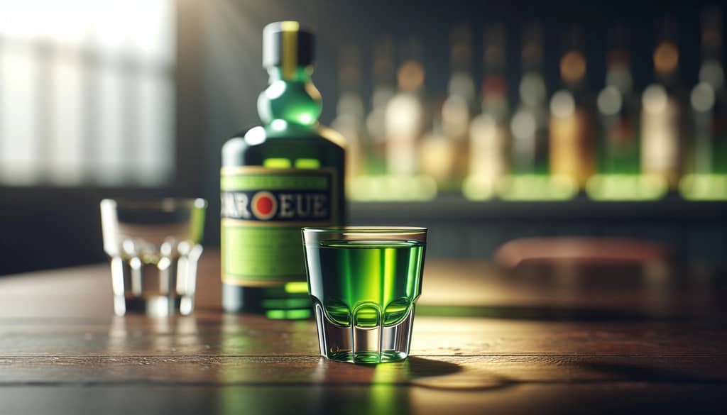 chartreuse liqueur in a glass with bottle on background