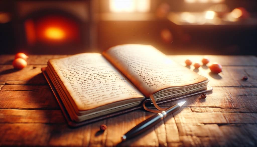 cuaderno de chef con recetas manuscritas sobre una mesa de madera