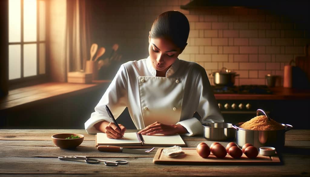 chef writing in recipe notebook