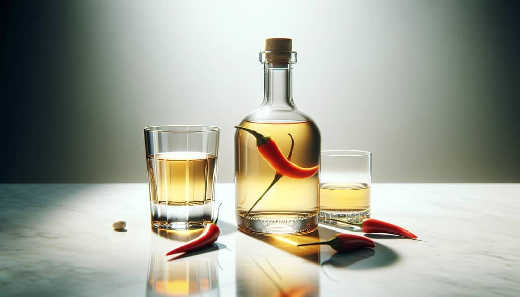 infused chili spirit in clear bottle beside cocktail