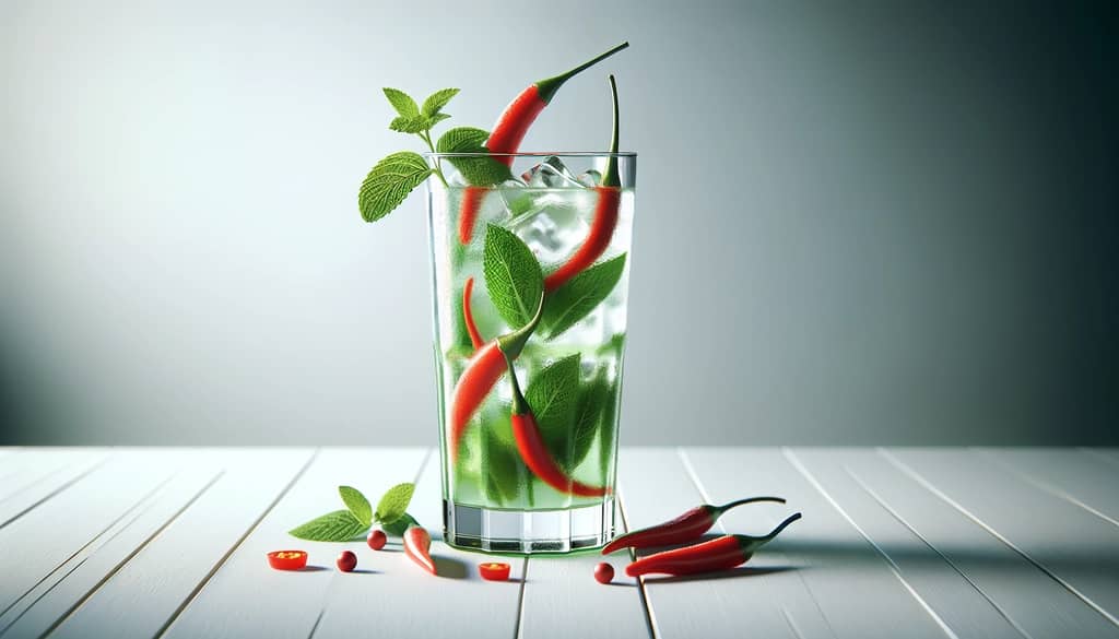 chili mojito with red chili slices and mint sprig in a highball glass