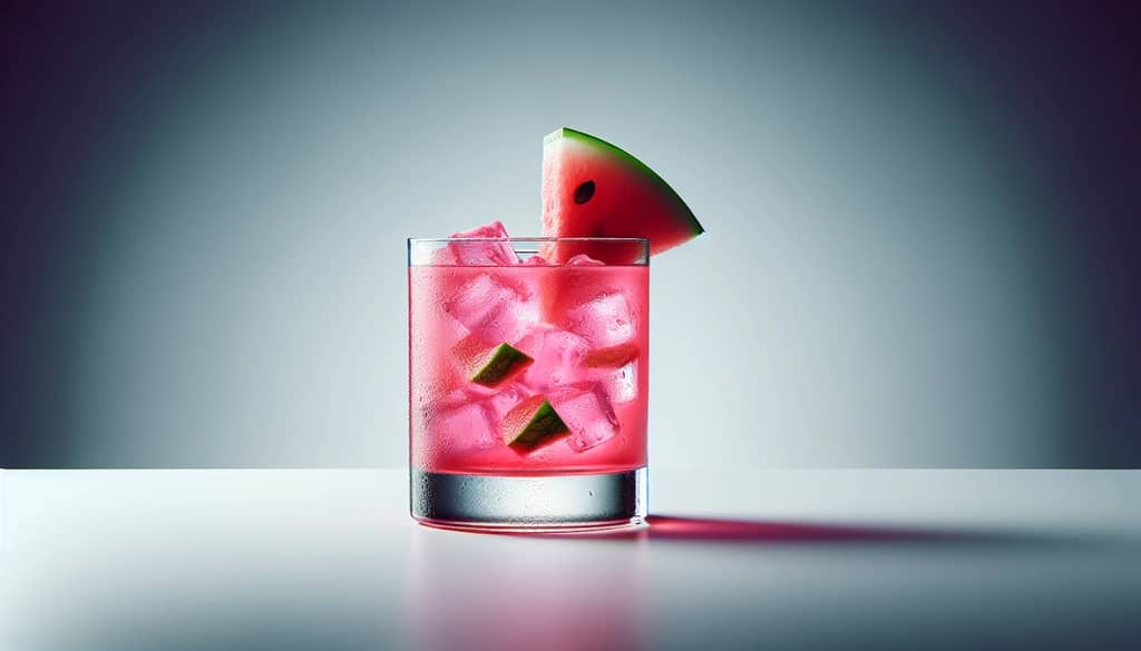 chilled glass of sour watermelon vodka drink with garnish