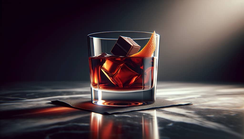 chocolate negroni with dark chocolate garnish