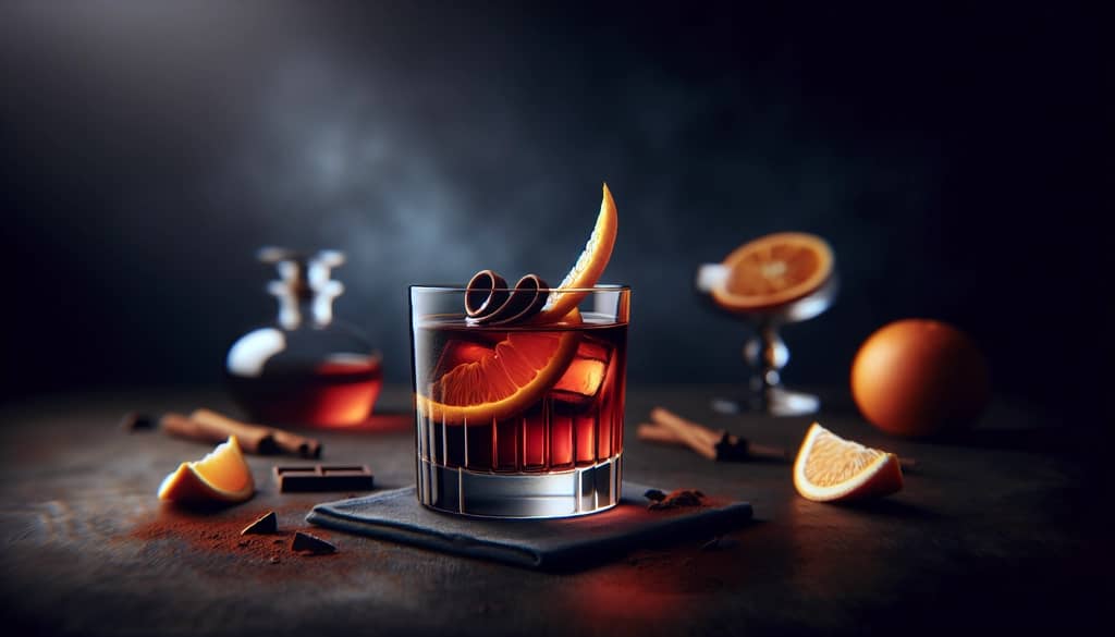 negroni de chocolate en vaso bajo con un giro de naranja