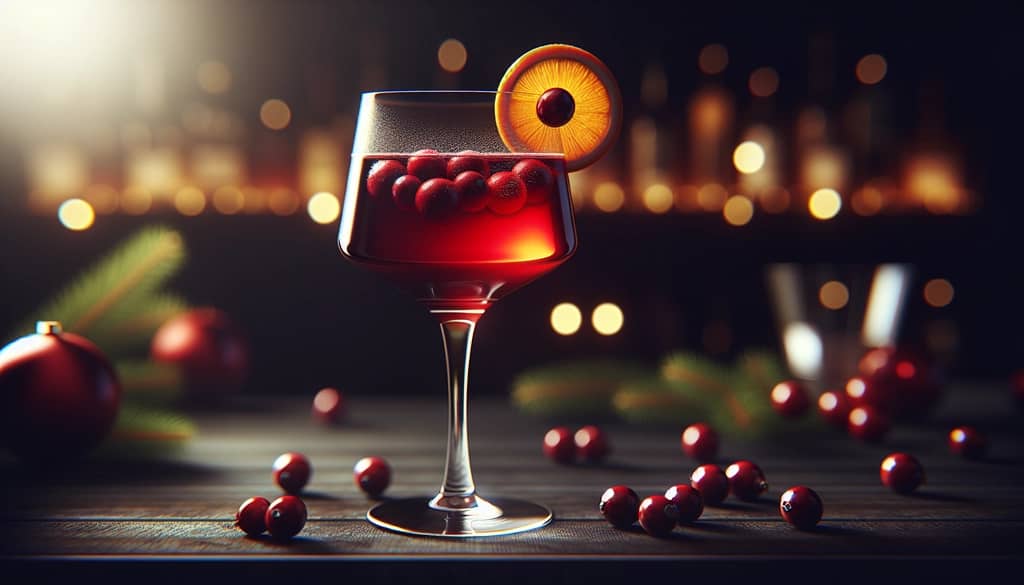 koktail Natal dalam gelas bersteki dengan irisan jeruk dan cranberry