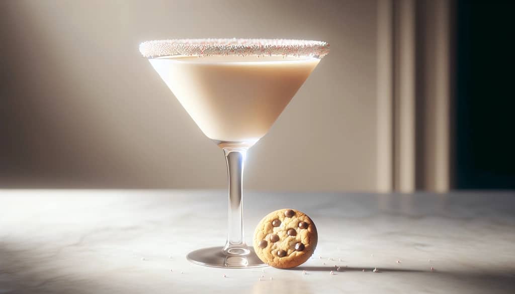 martini kue natal dalam gelas koktail dengan taburan