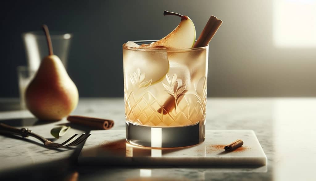 cinnamon pear fizz mocktail in rocks glass