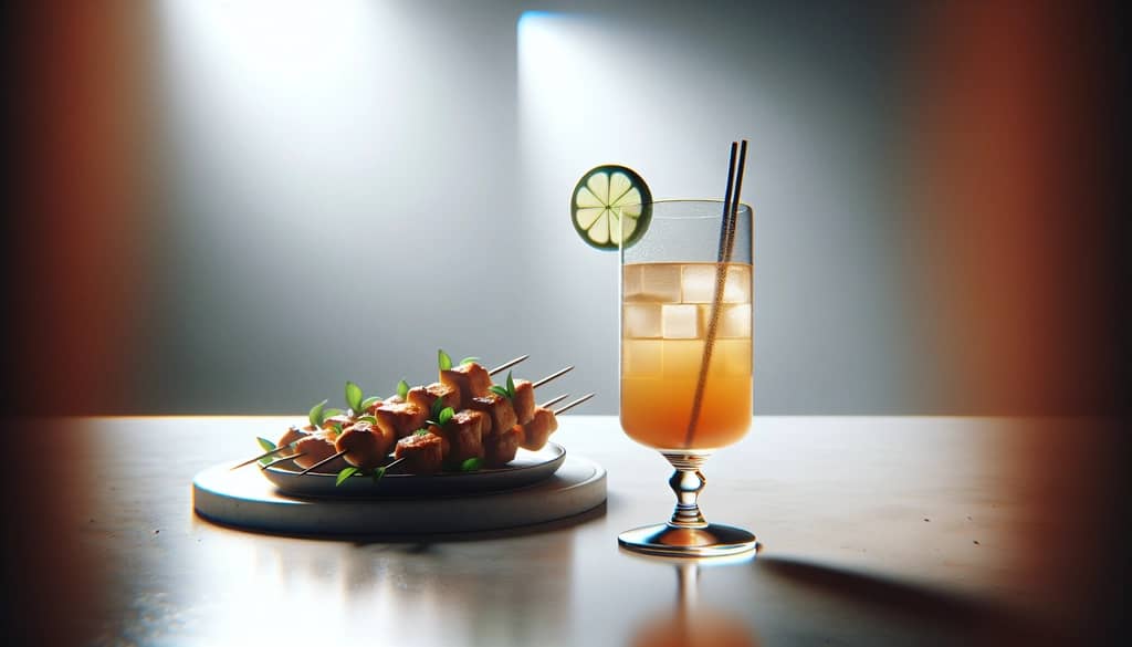 Citrus cocktail next to fresh herb chicken skewers