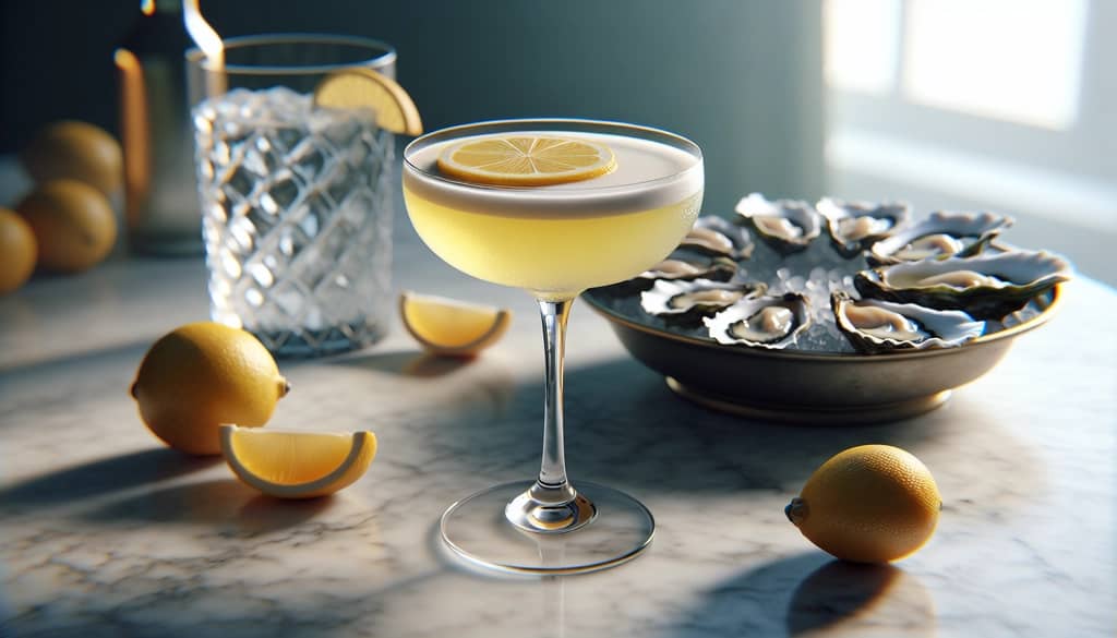 Cocktail agli agrumi accanto a ostriche fresche su marmo
