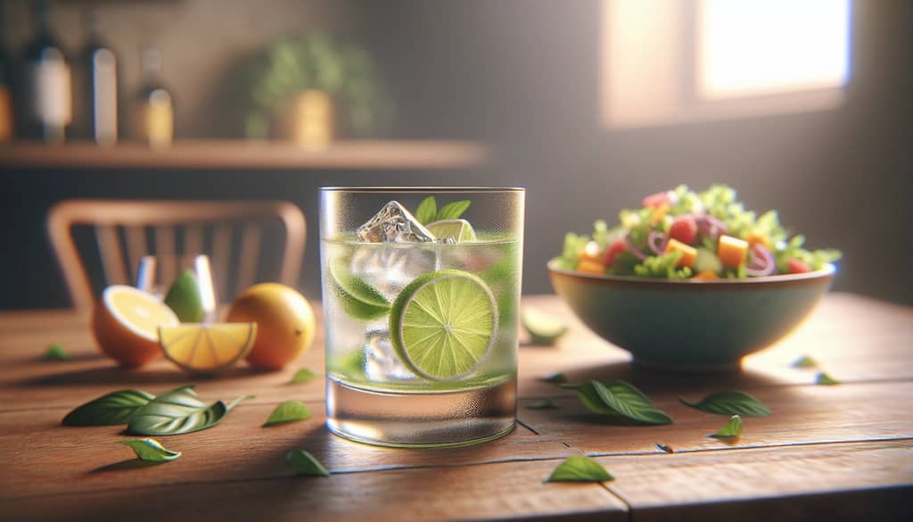 Citrus cocktail beside colorful salad on wood