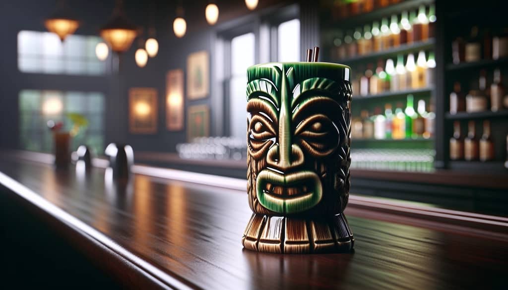 taza tiki clásica de cerámica con diseño tropical