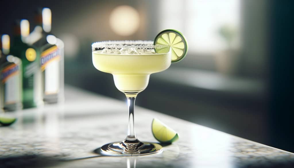 margarita cointreau klasik dalam gelas rocks dengan irisan jeruk nipis