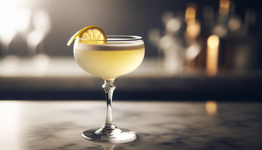 cóctel clásico sour en una copa coupe con decoración de twist de limón