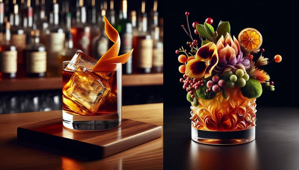 classic old fashioned cocktail next to a creative modern cocktail