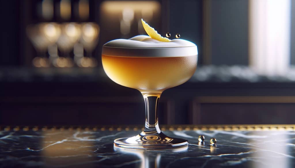 classic whiskey sour with egg white served in coupe glass