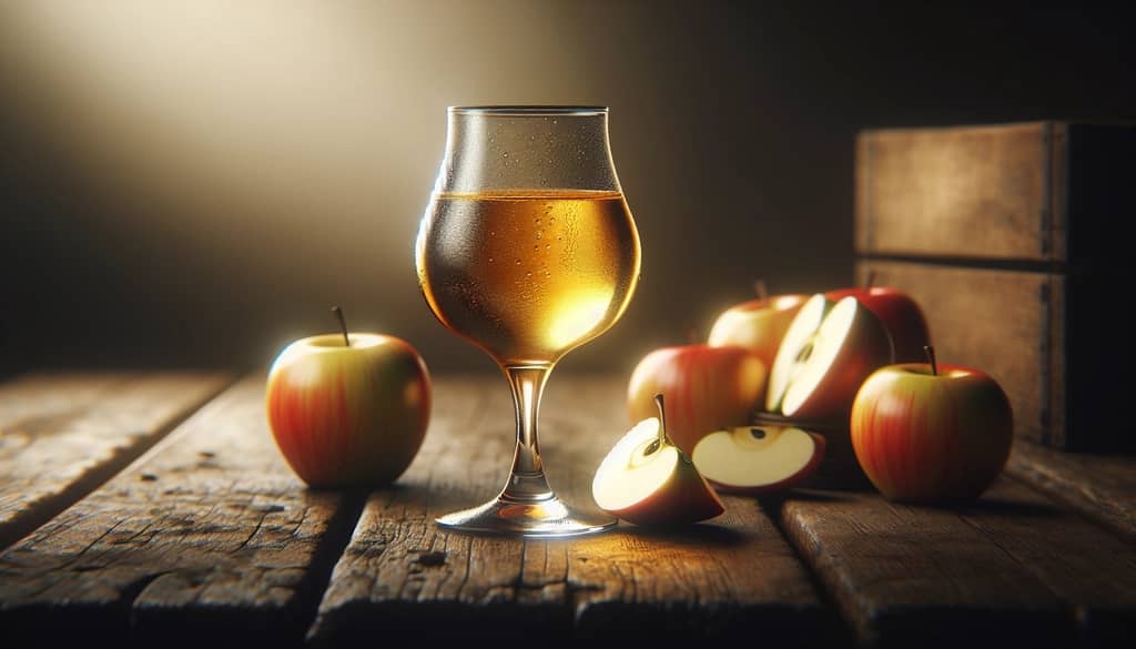 pint of clear cider with apples on a wood surface