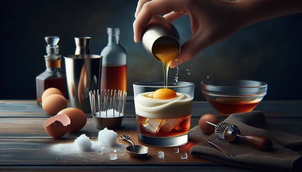 Close-up of egg white being added to a Whiskey Sour cocktail shaker