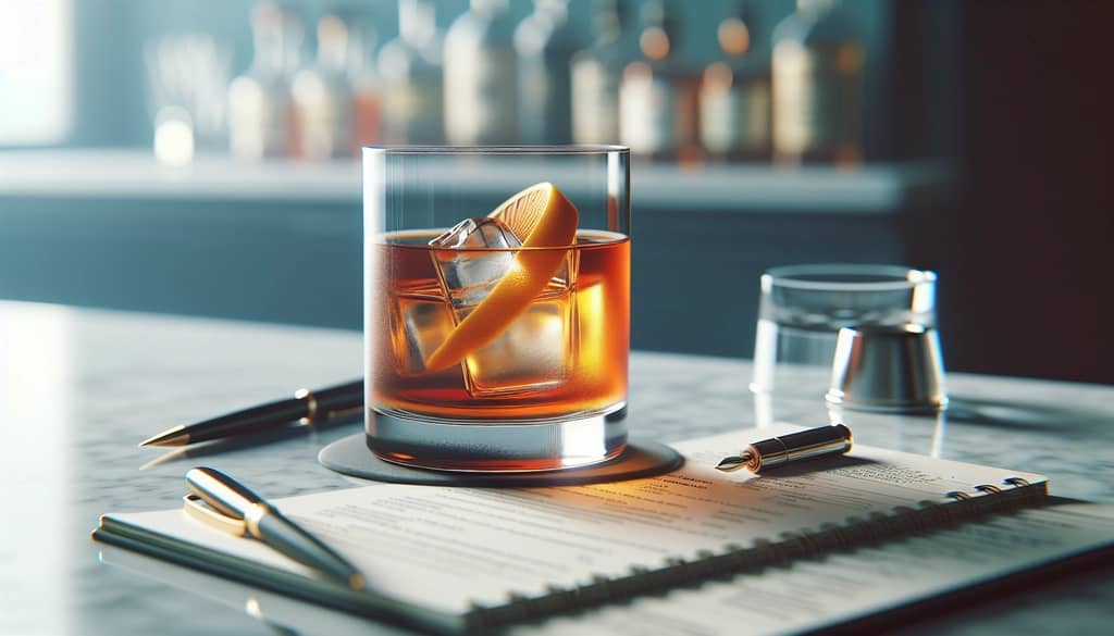 freshly mixed cocktail on a bar counter with note pad beside