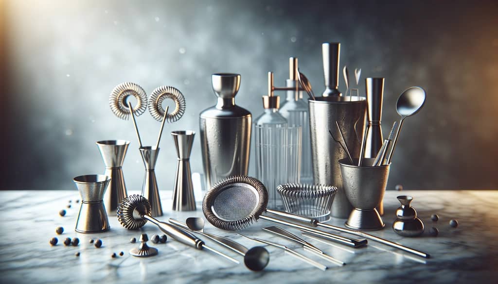 cocktail bar tools laid out on marble