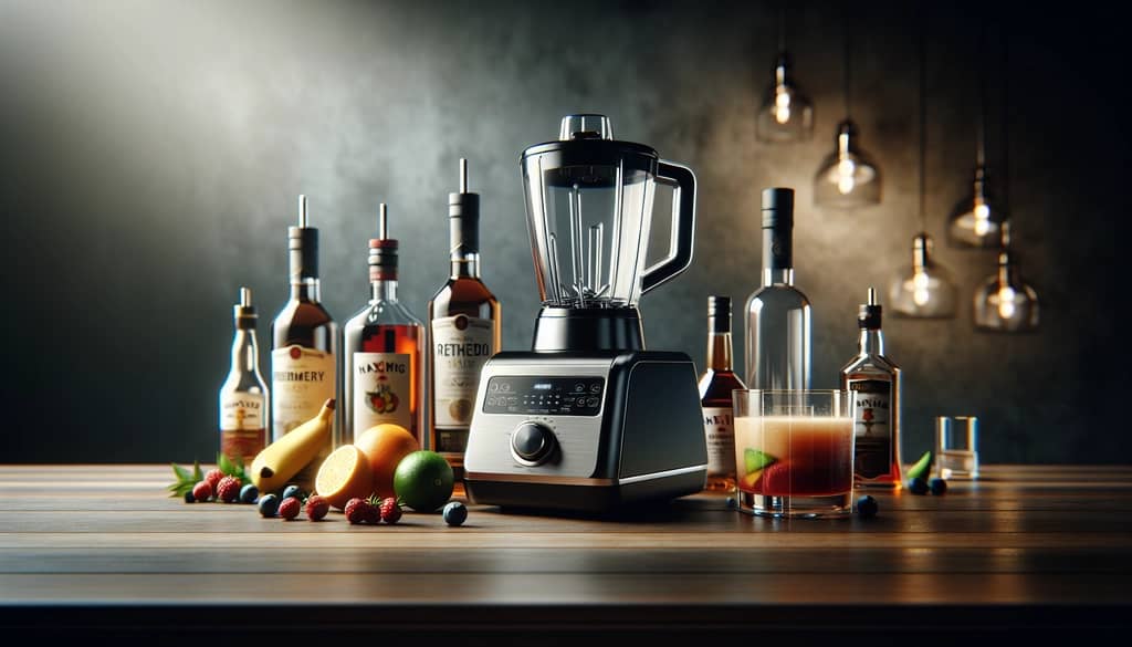 cocktail blender with fruit and spirits on bar