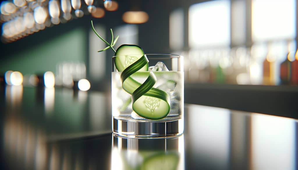 cocktail glass with cucumber garnish