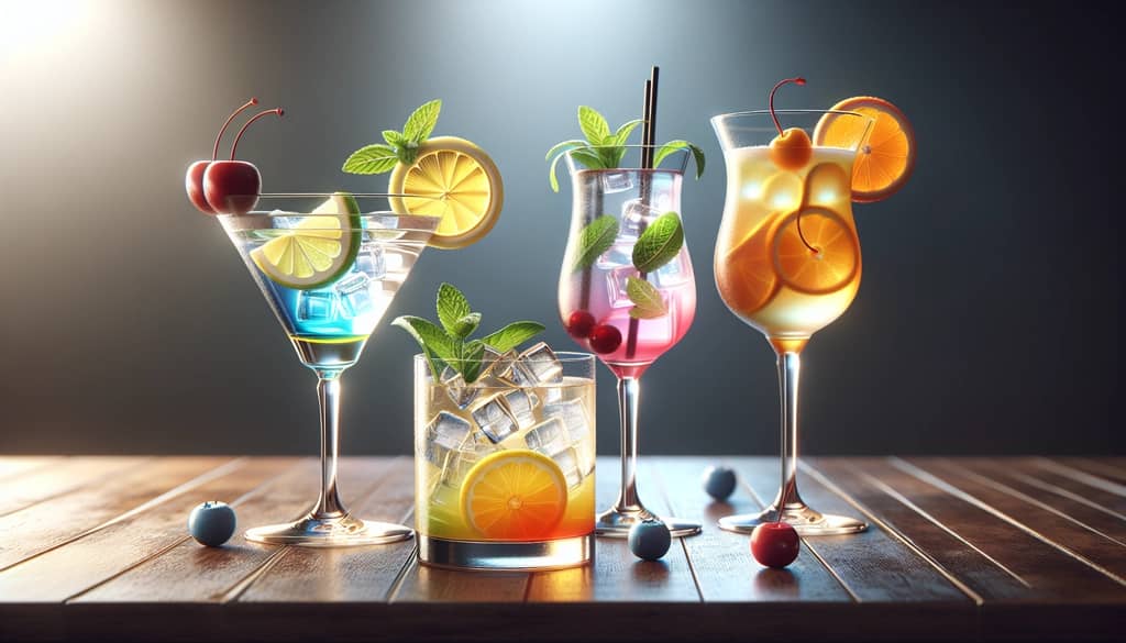 Four cocktail types showing varying colors and garnishes