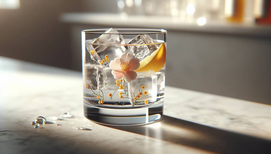 copa de cóctel con cubo de hielo transparente infusionado con flores comestibles