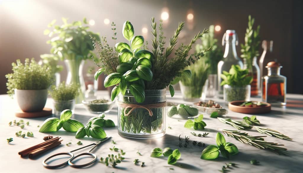 assortment of fresh herbs for cocktails on marble