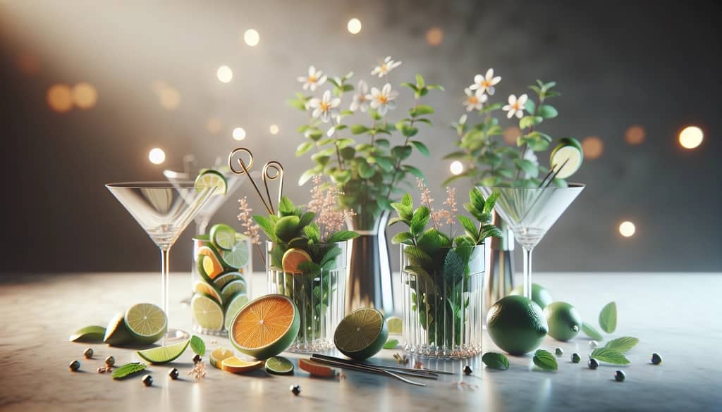 mint sprigs, lime wheels, and glassware arranged for serving cocktails