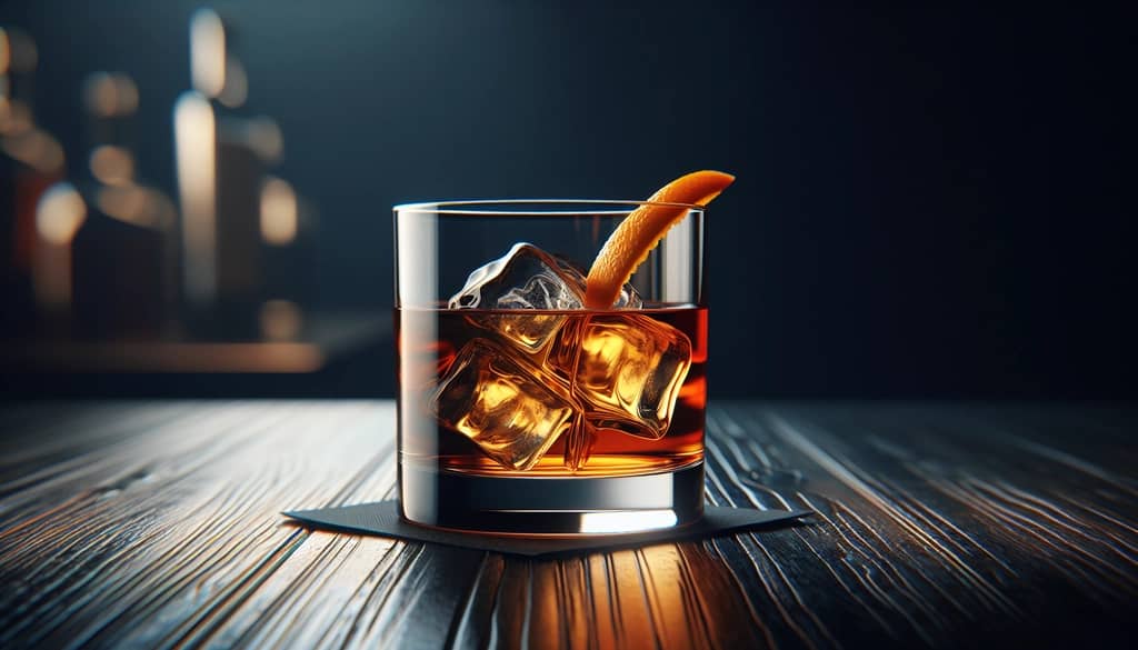 cóctel en un vaso de rocas con líquido transparente y guarnición de naranja