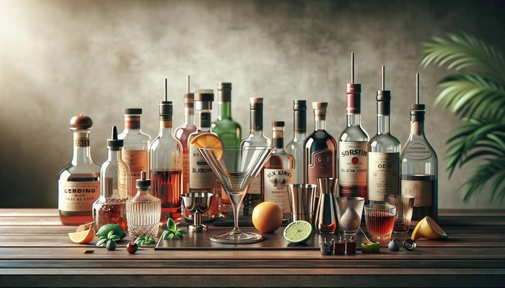 selection of cocktail ingredients beside mixing glass
