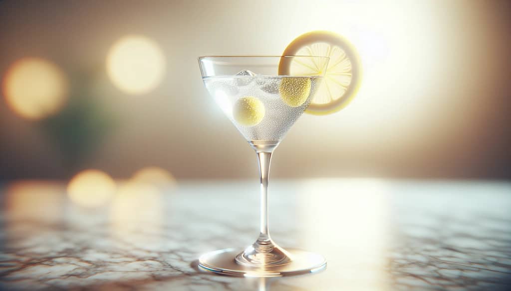 cocktail glass with a lemon wheel on a clean counter