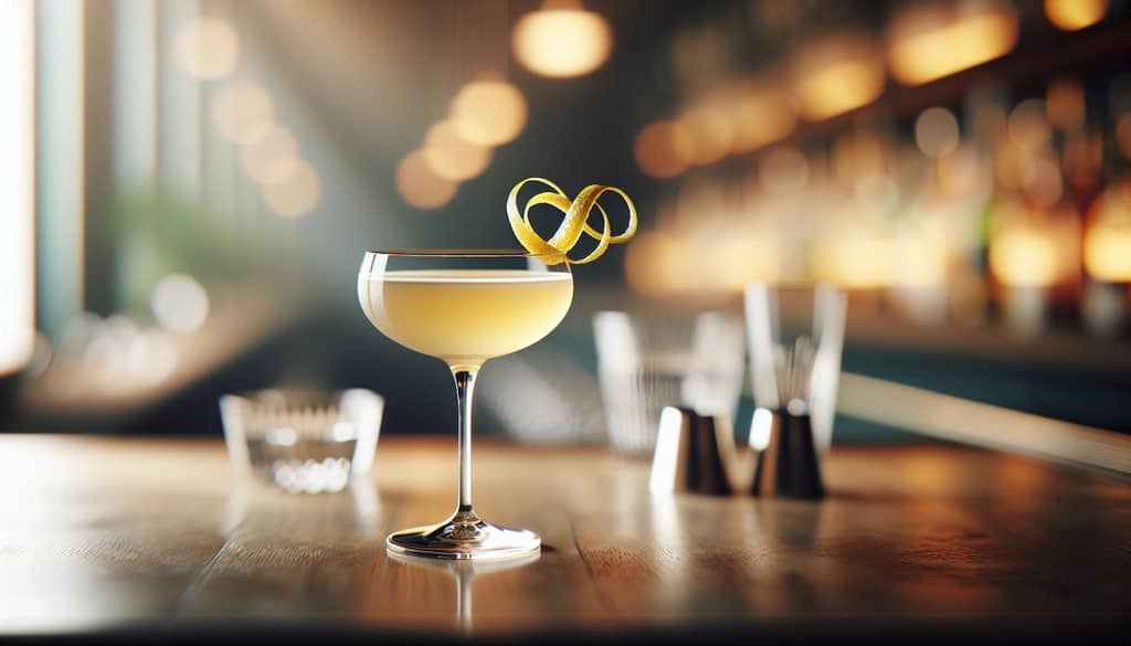 cocktail with lemon twist garnish on bar top