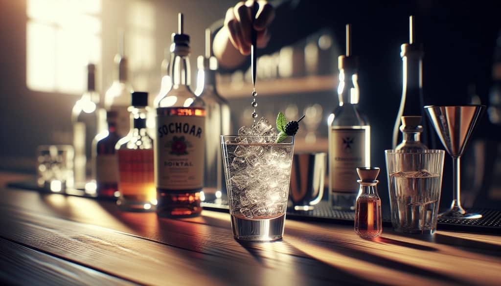 cocktail mixing with syrups and spirits